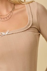 The Colette Bow Pointelle Top: Taupe