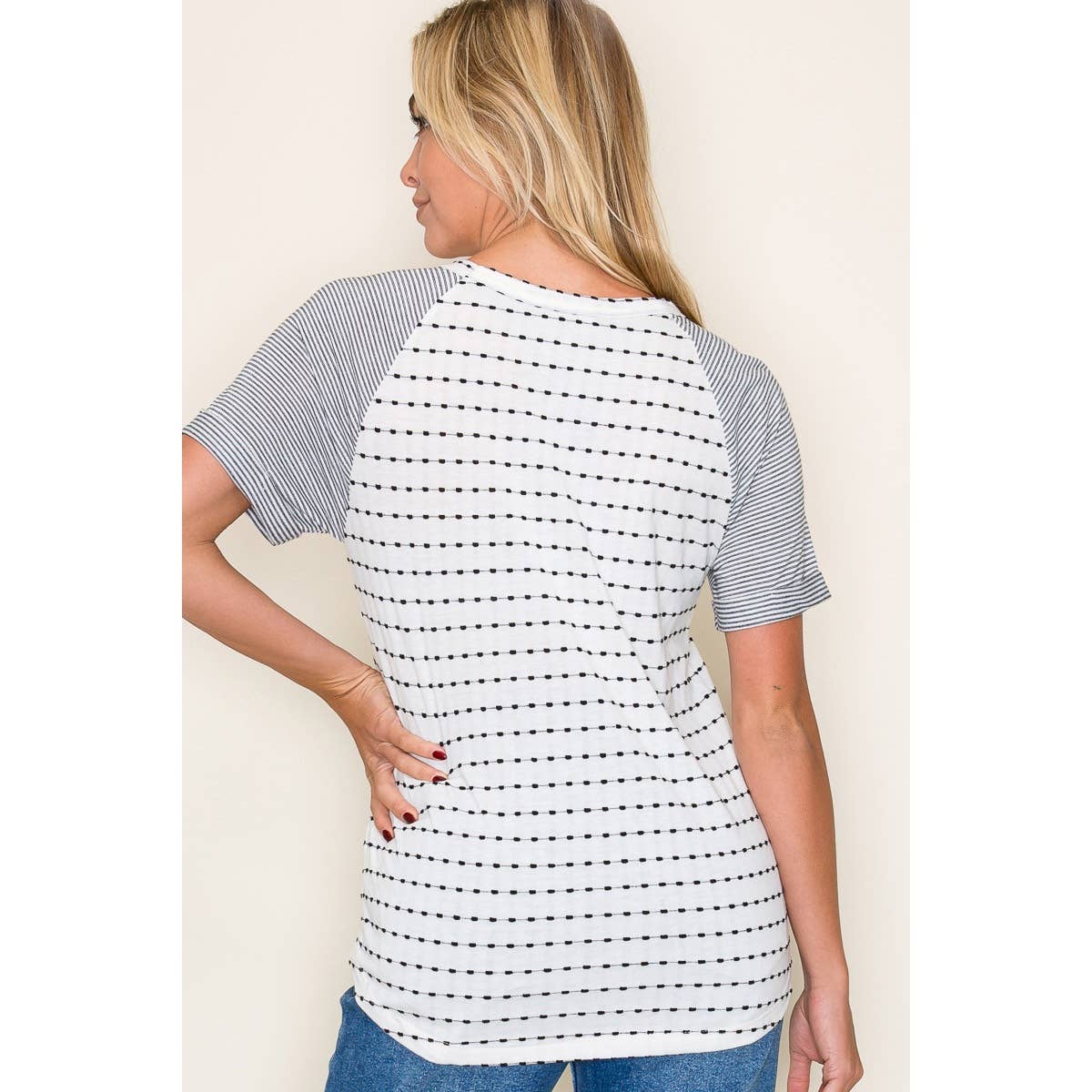 Maddie Ivory & Black Dotted Knit Top | Casual Round Neck Tee