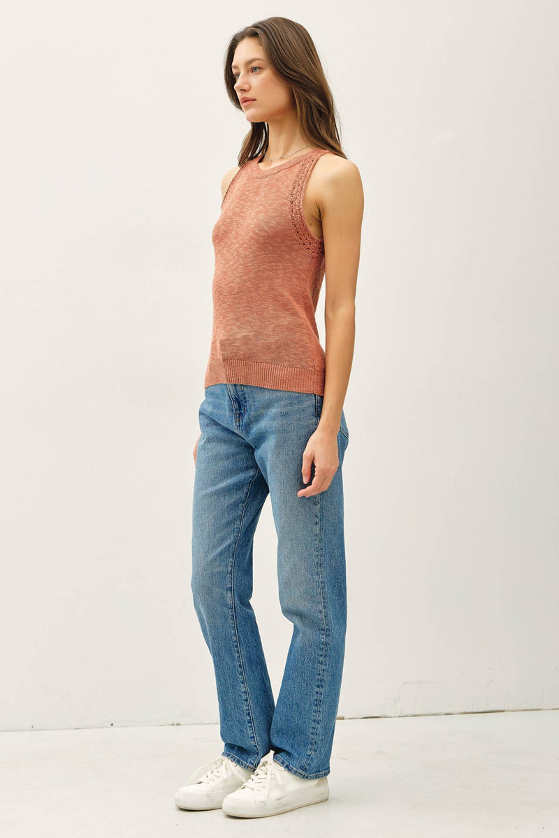 The Presley Crochet Trim Knit Tank – Terracotta Slub