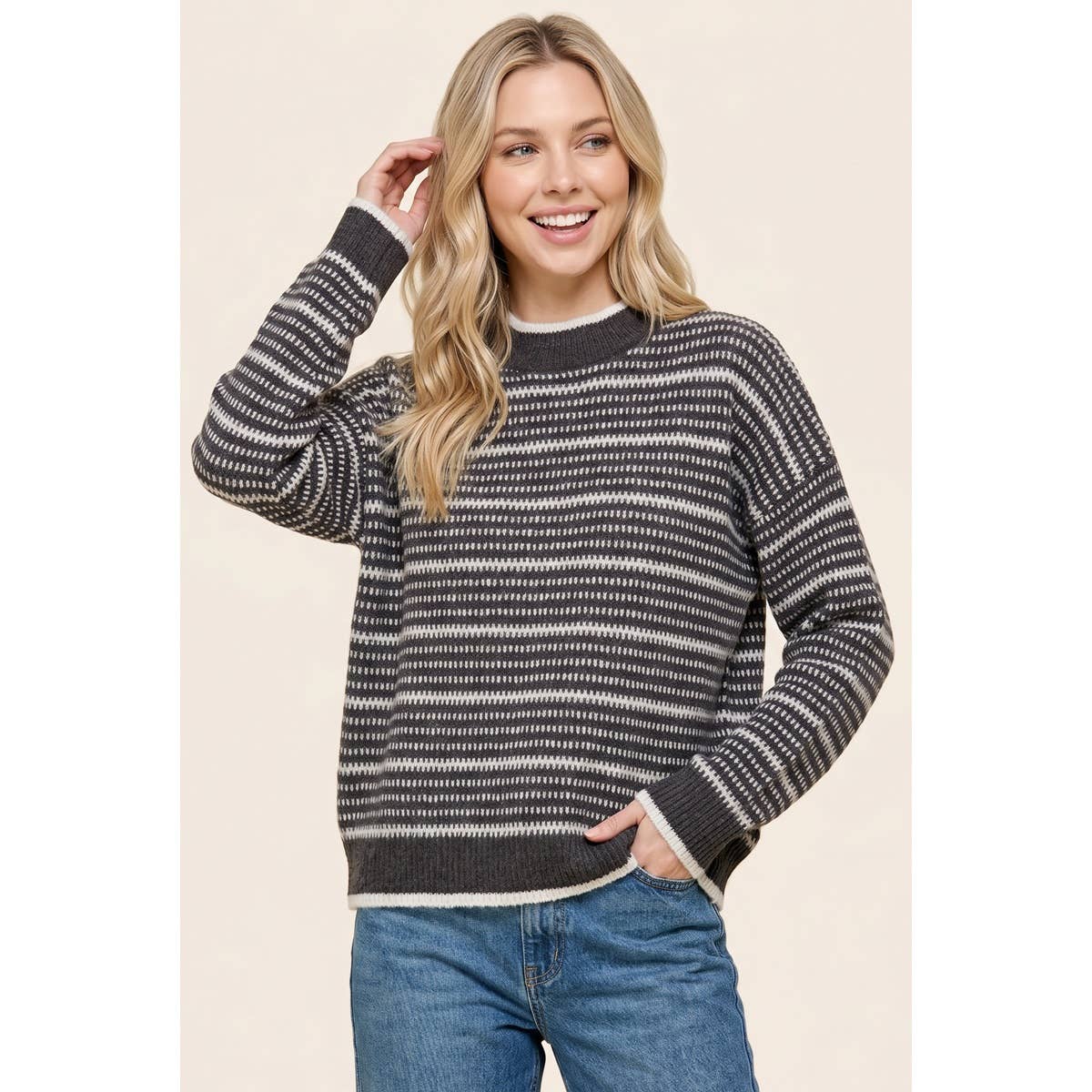 Off the Clock Textured Stripe Sweater: Charcoal