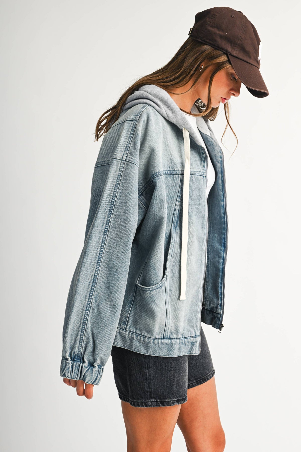 Off the Clock Mineral Wash Denim Hoodie Jacket: Light Wash