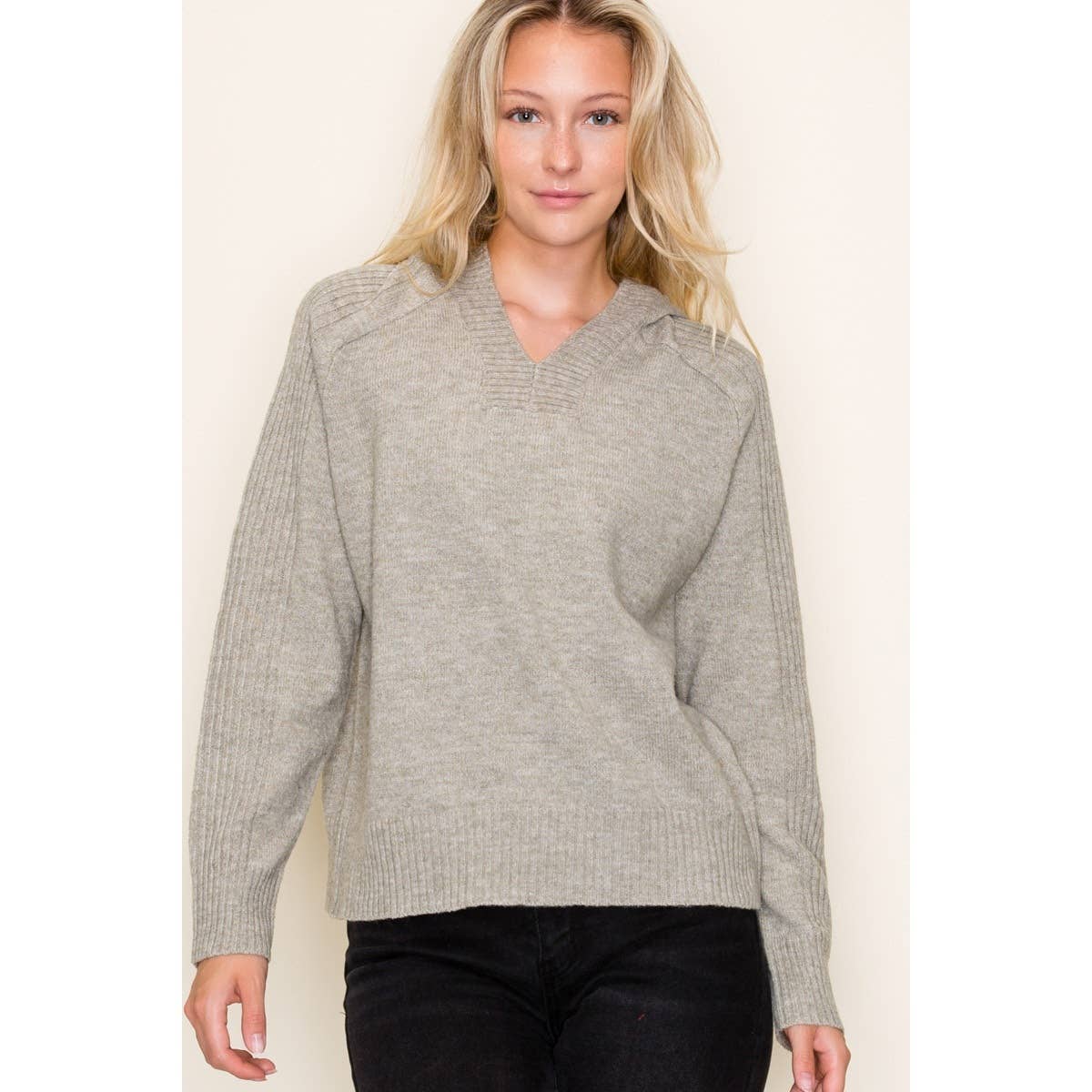 Glacier Ridge Ribbed Hoodie Sweater – V-Neck Knit Pullover | Northern Belle Boutique