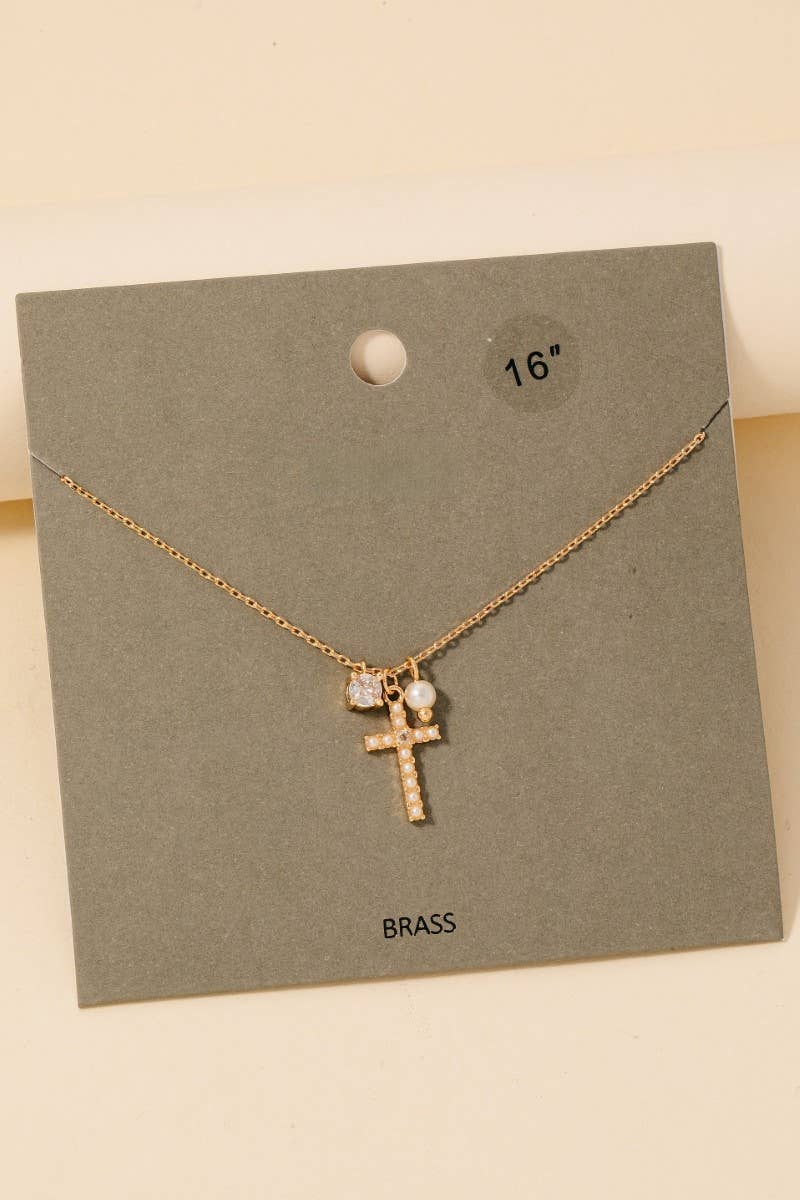 Cross Pearl And Stud Charms Chain Necklace: Gold