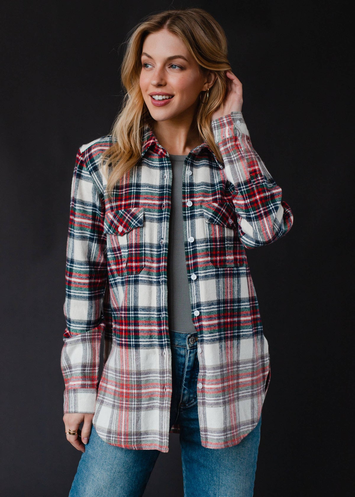 Fall Favorite Cream, Navy, Red & Green Plaid Flannel