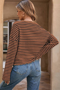 Tabby Stripe Texture Henley Long Sleeve Top: Camel/Black