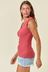 Alessia V-Neck Frill Trim Knit Tank – Women’s Sleeveless Ribbed Layering Top