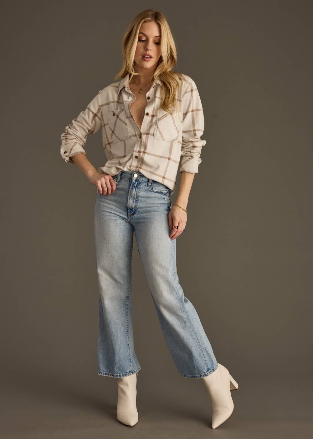 Beige & Brown Plaid Button Up