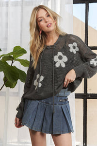 The Ember Floral Knit Hoodie – Charcoal Bloom