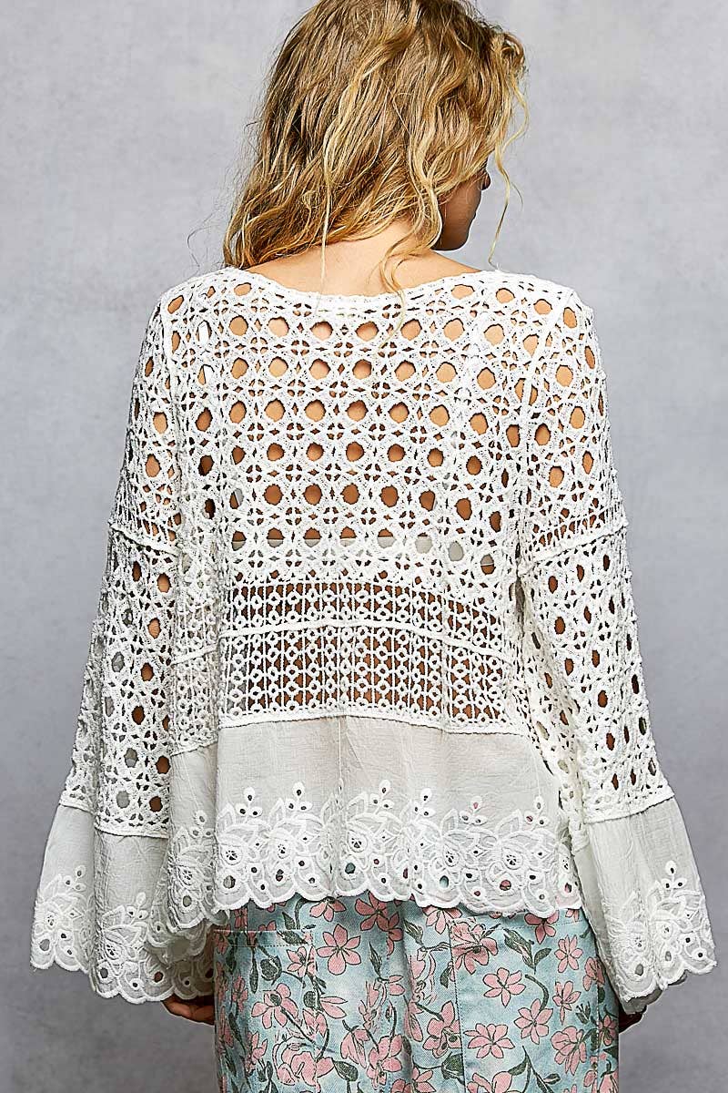 Long Sleeve Round Neck Women Crochet Top: NATURAL / OS