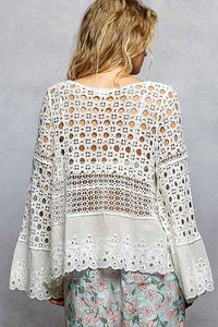 Long Sleeve Round Neck Women Crochet Top: NATURAL / OS