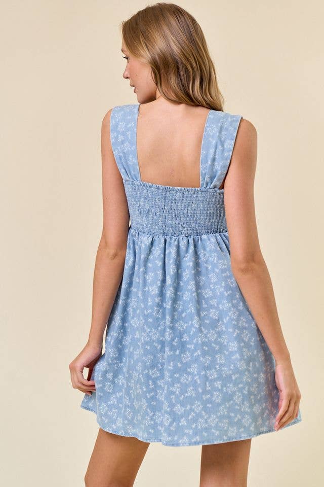 Bluebell Breeze Floral Chambray Babydoll Mini Dress: Light Denim – Square Neck Denim Boutique Dress with Pockets