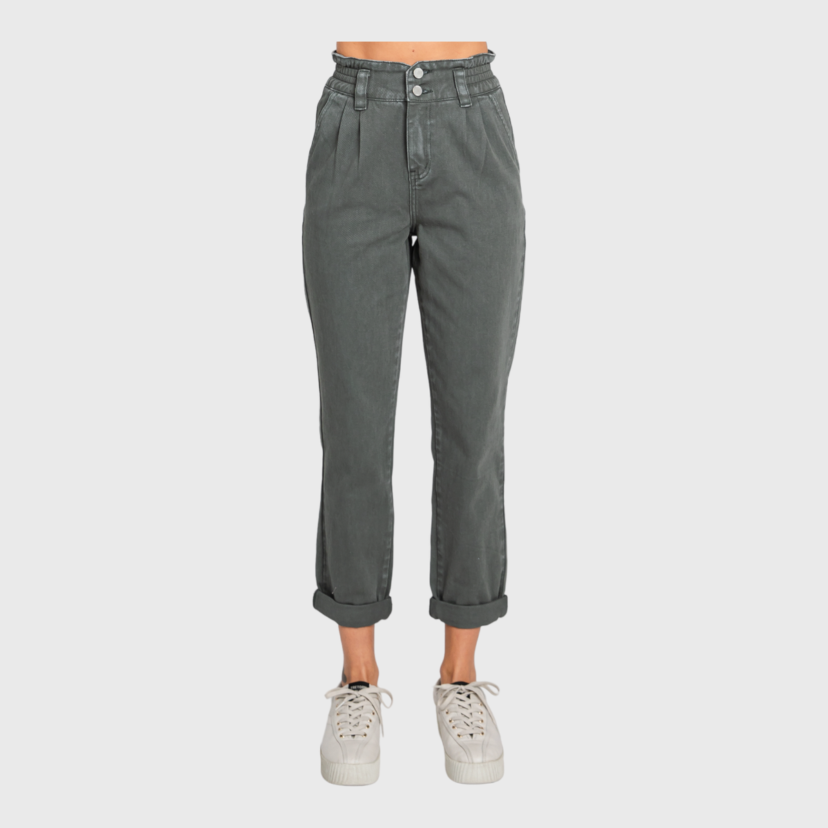 Millie Paperbag Waist Mom Jeans – High Rise Cuffed Denim in Washed Olive