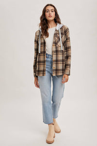 Rowan Hooded Plaid Flannel Shacket – Mocha & Taupe Button-Front Jacket