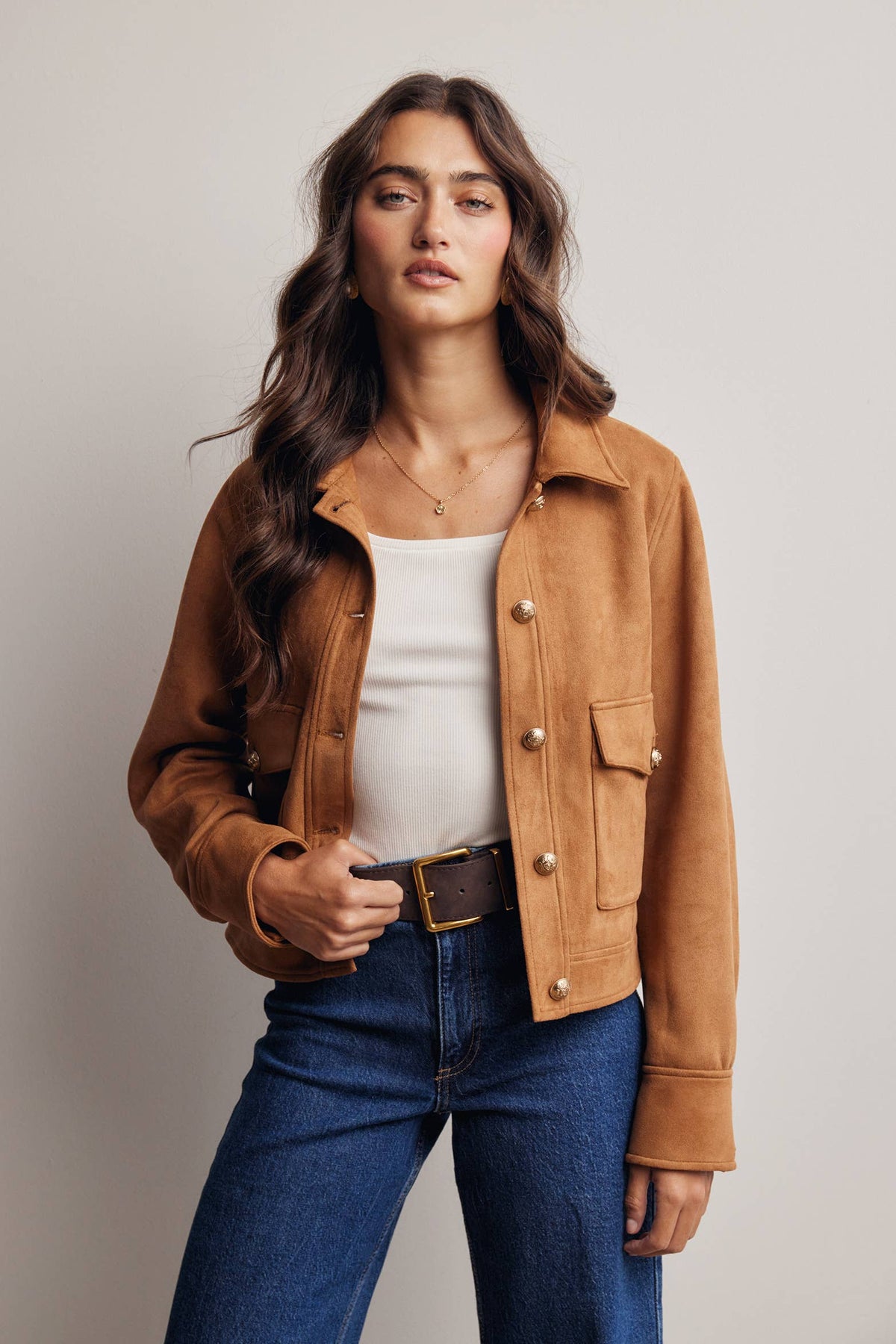 Sierra Stretch Suede Cropped Jacket: Camel