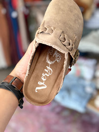 Very G Iris Braided Mules – Beige Suede Slip-On Shoes with Frayed Edge Detail