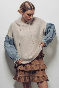 Snowfall Patchwork Hoodie – Mixed-Media Knit & Denim Sleeve Pullover | Northern Belle Boutique