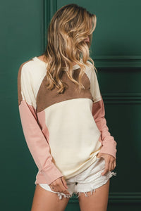 Claire Color Block Knit Pullover: Cream/ Mocha/ Blush