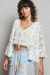 V-neck Short Sleeve Crochet Floral Lace Cardigan: NATURAL / OS