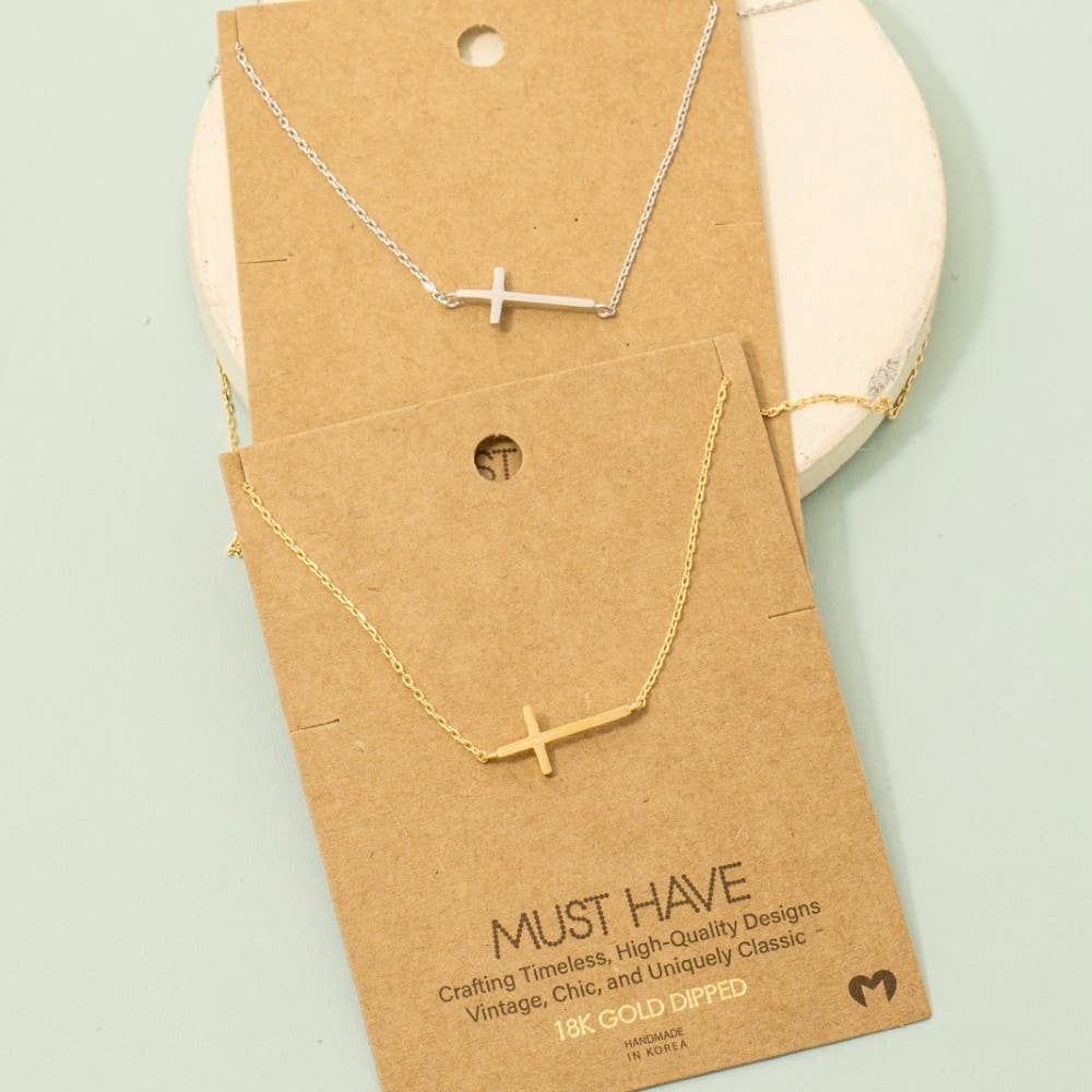 The Haven Sideways Cross Necklace – Gold or Silver 18K Dipped Chain