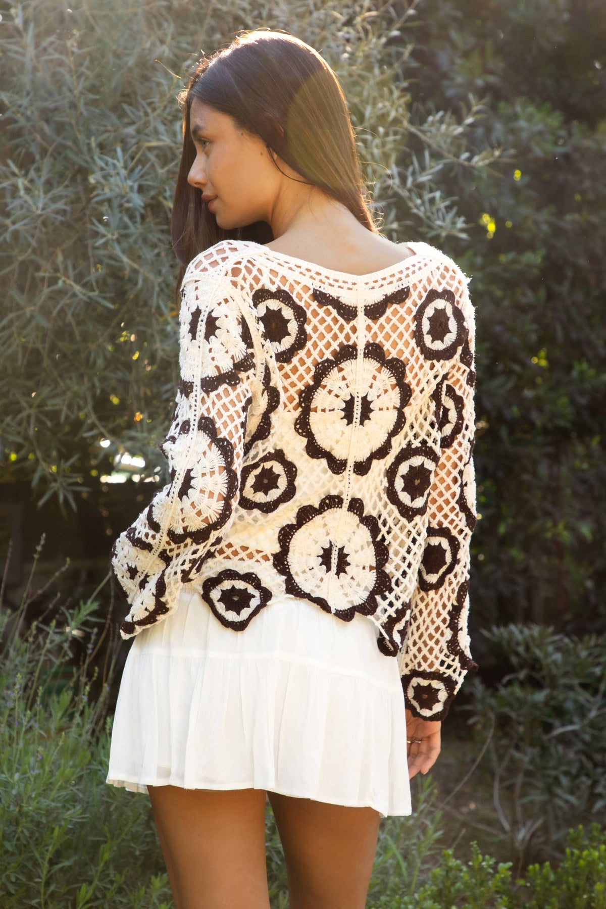 The Solandra Mandala Crochet Top: Cream/Brown