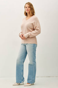 Gianna Plus Size Ribbed V-Neck Oversized Sweater: Blush Taupe