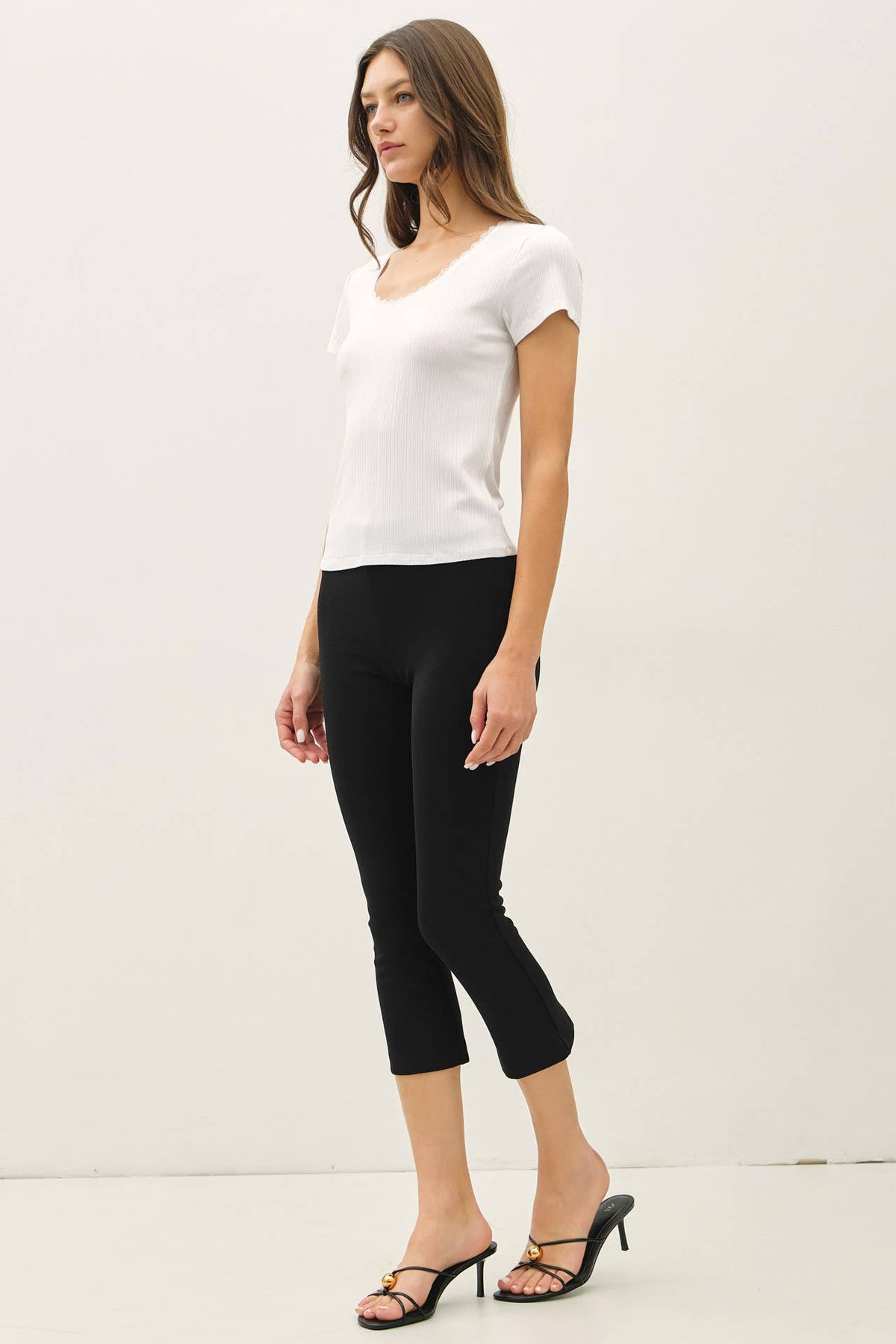 The Elin Lace Trim Ribbed Top – Scoop Neck Slim Fit Stretch Knit Tee
