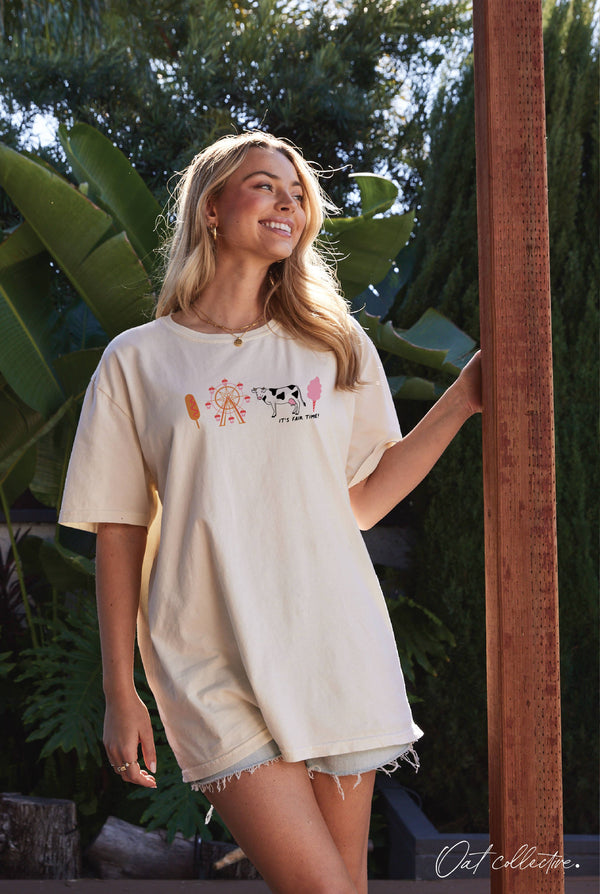 It’s Fair Time Graphic Tee – Oversized Mineral Washed Puff Print Top