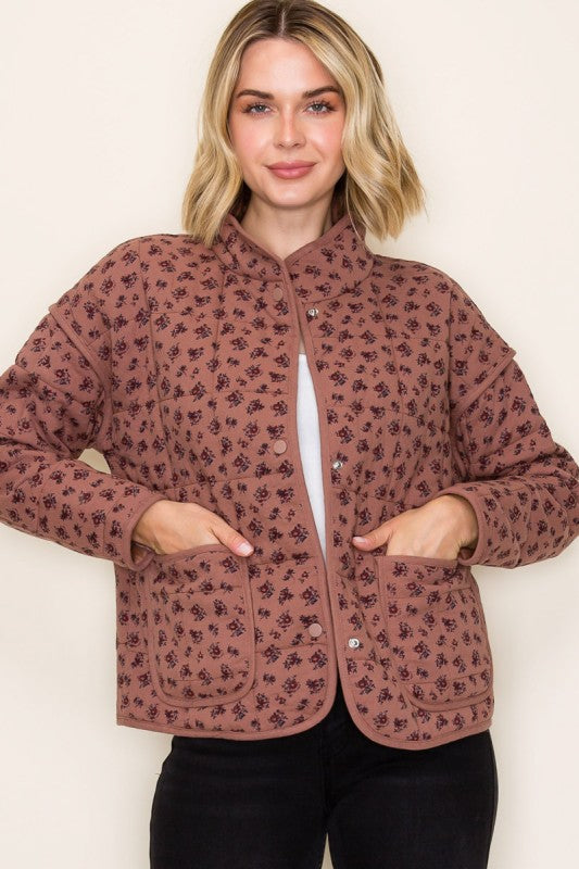 Eloise Ditsy Floral Quilted Jacket – Button Front Cotton Layer with Pockets