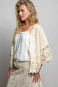 1/2 Sleeve Lace Ruffle Trim Opening Solid Crochet Cardigan: NATURAL / Os