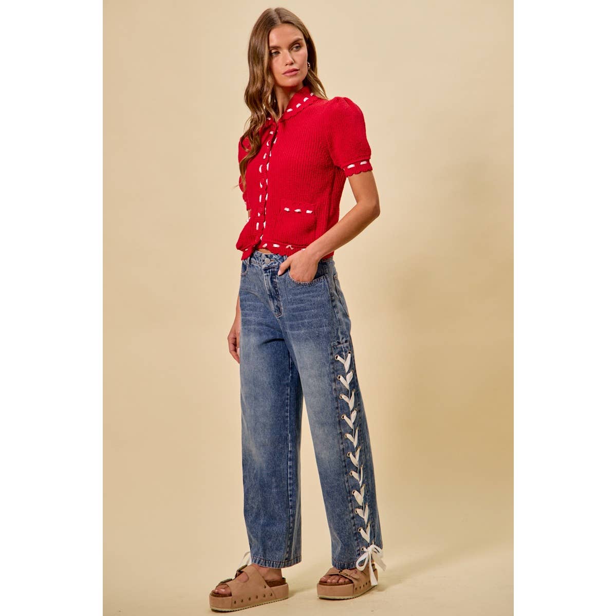 The Lacey Mid Rise Lace-Up Straight Leg Jeans: Medium Wash