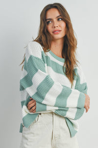 The Elodie Striped Cropped Knit Sweater: Ivory/Sage – Soft Long Sleeve Pullover