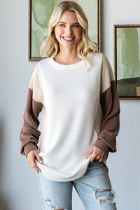 Annie Color Block Ribbed Longy Sleeve Top: Chestnut