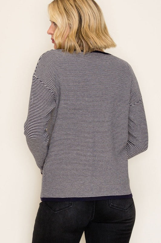 The Maren Striped Waffle Knit Pullover – Navy & Cream