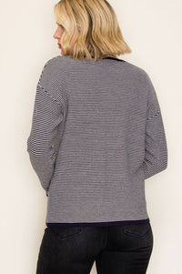 The Maren Striped Waffle Knit Pullover – Navy & Cream