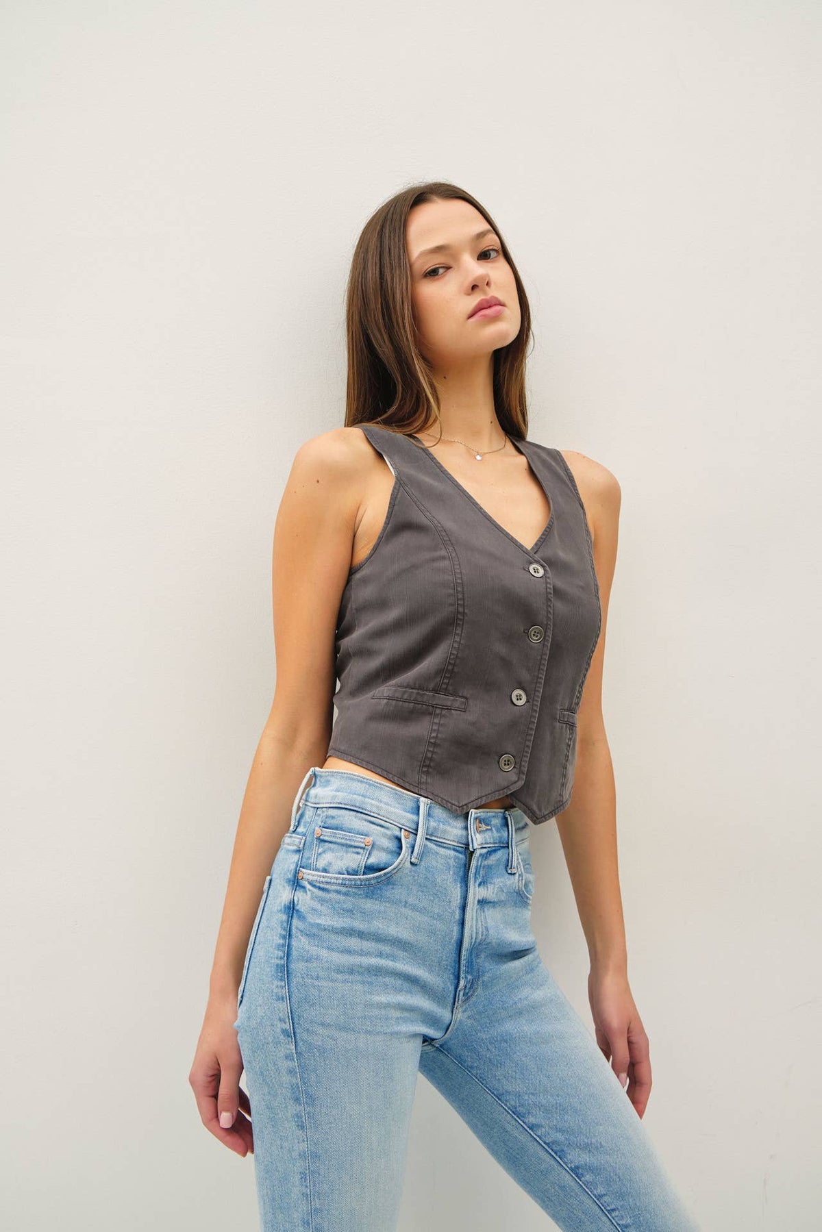 The Delaney Washed Button-Up Vest – Tencel Tailored Fit in Sandstone, Coal, & Clay Rose