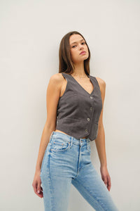 The Delaney Washed Button-Up Vest – Tencel Tailored Fit in Sandstone, Coal, & Clay Rose