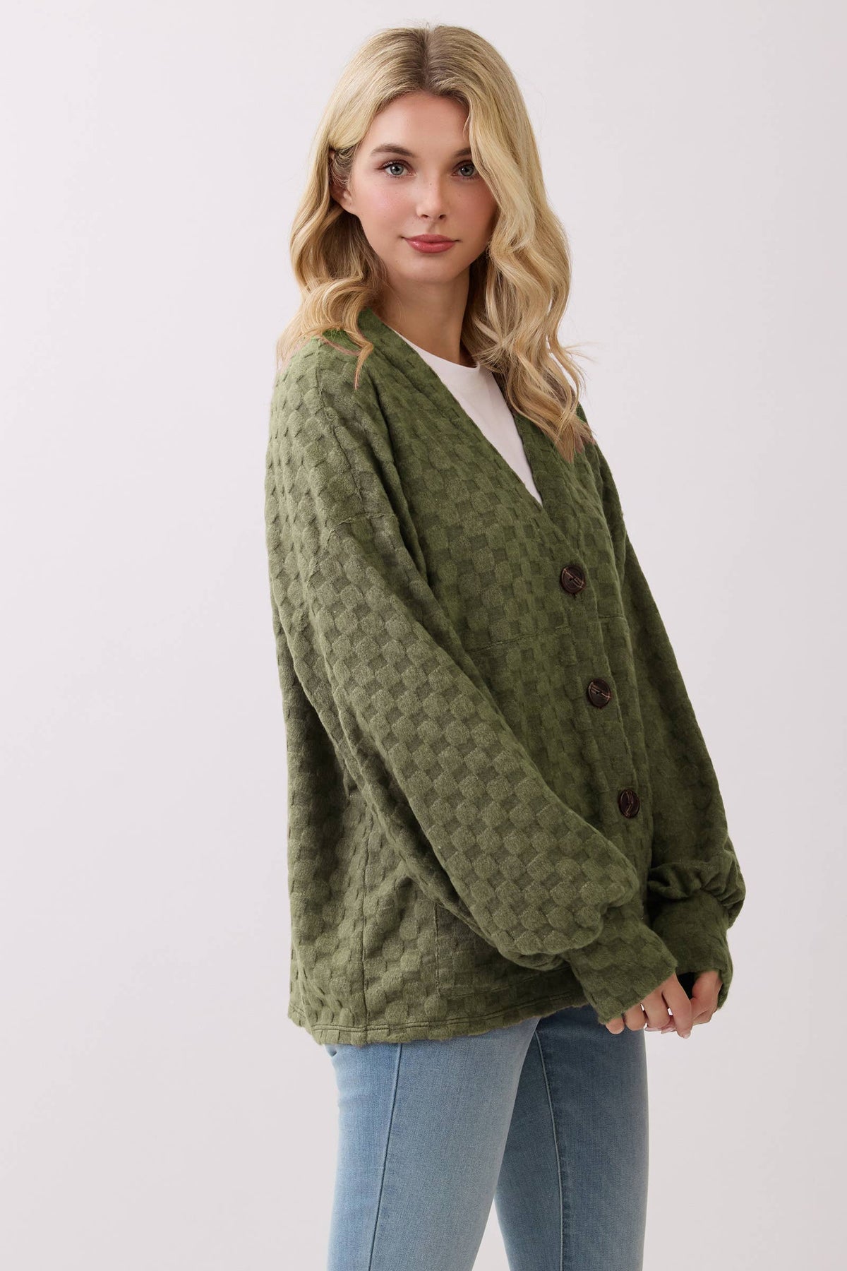Juniper Checkered Textured Button-Up Cardigan – Soft Cozy Knit Layer
