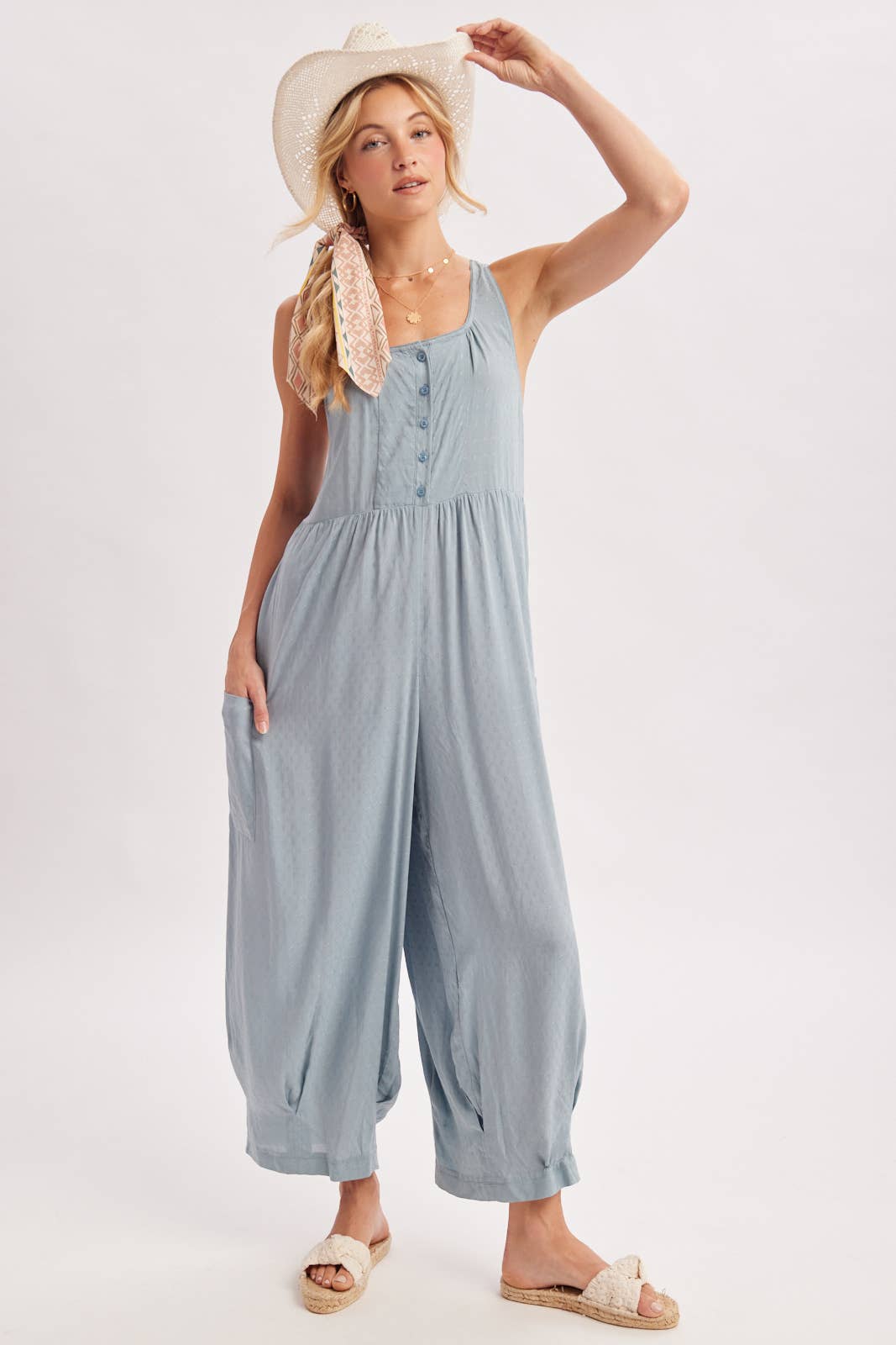 Easy Breeze Button Front Jumpsuit: Coastal Blue