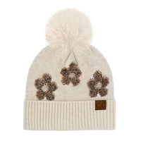 CC Daisy Patch Pom Beanie – Cream Floral Knit Cuff Hat with Faux Fur Pom