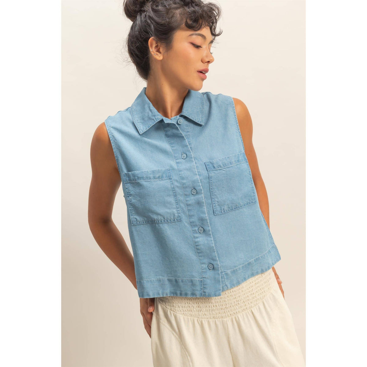 The Sienna Lyocell Sleeveless Button Up Top – Collared Lightweight Summer Blouse