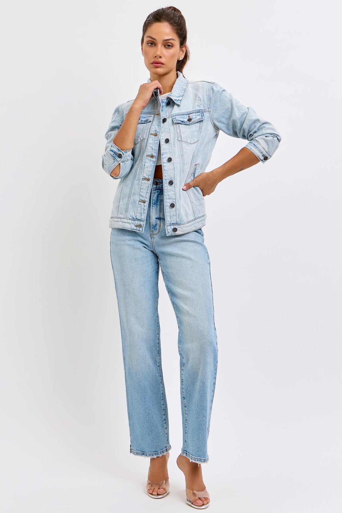 Delilah Oversized Denim Jacket – Women’s Lightweight Distressed Jean Jacket