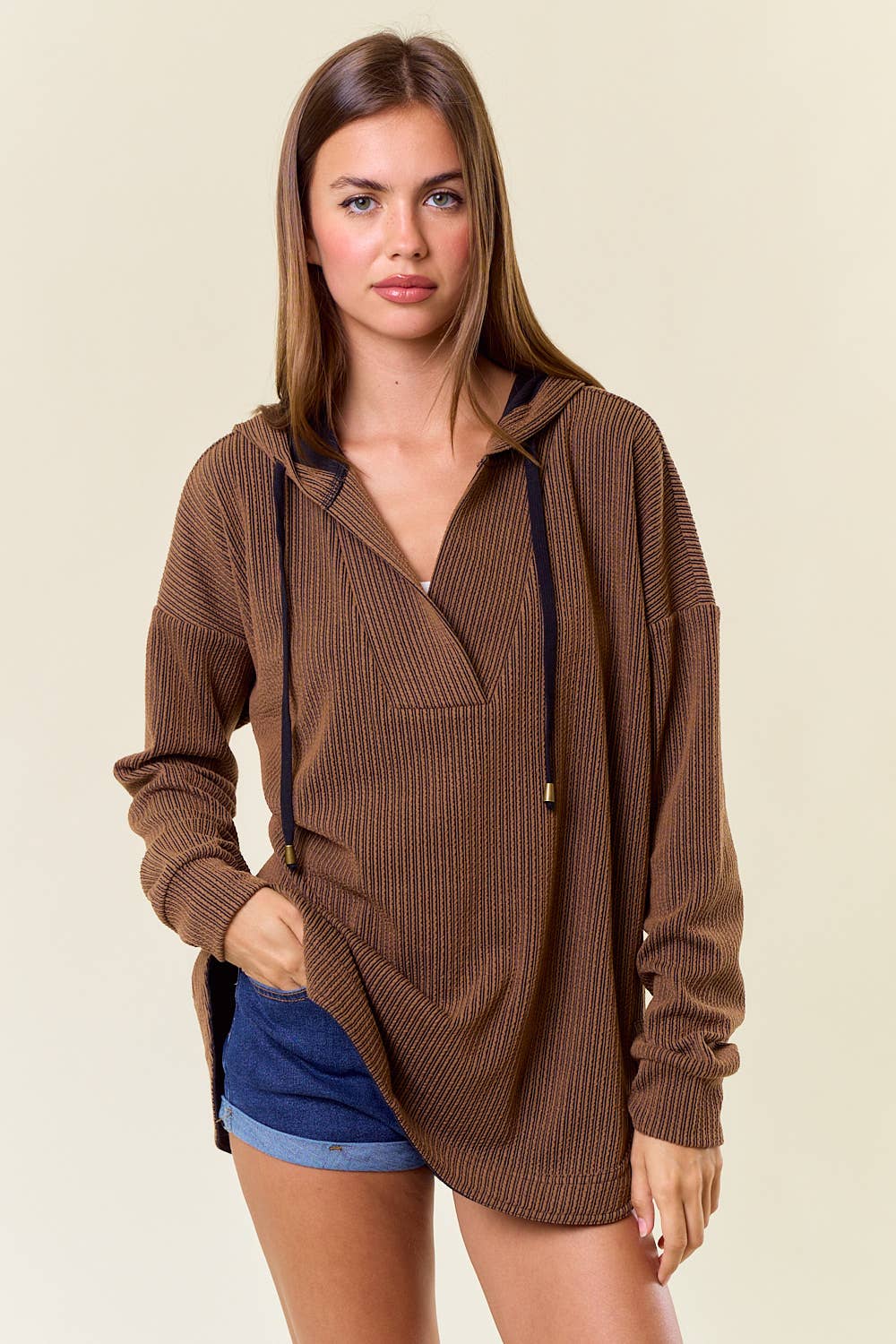 Willa Stripe V-Neckline Long Sleeve Hooded Sweatshirt: Caramel