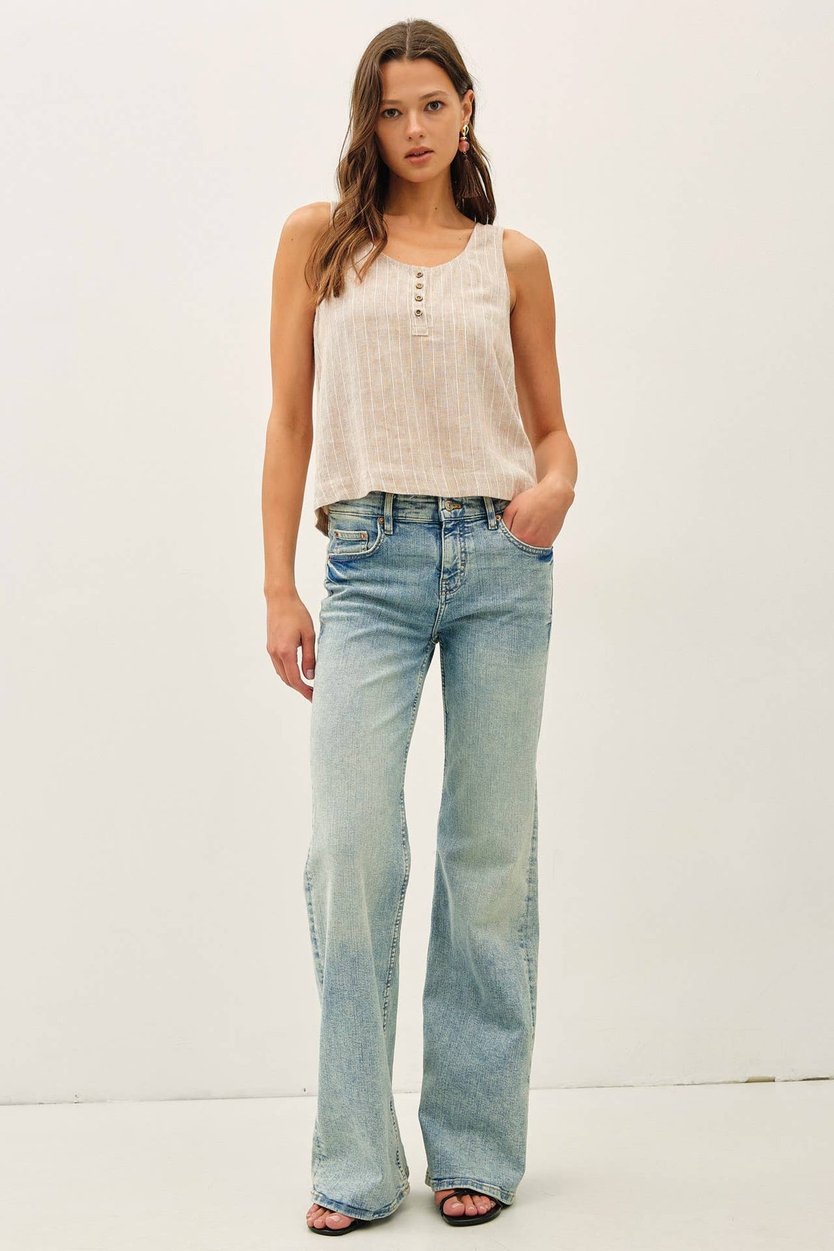 The Marlowe Striped Henley Tank: Almond – Linen Blend Cropped Boxy Tank Top