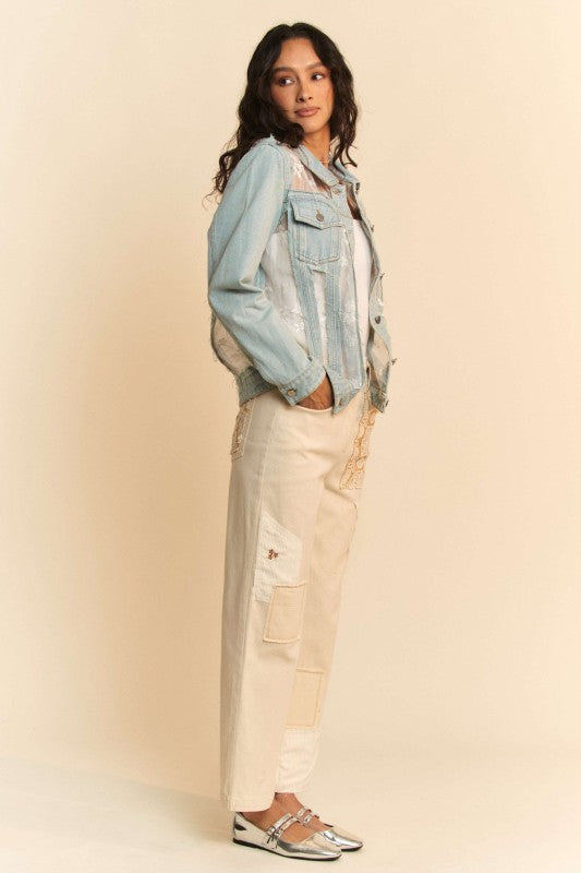 The Briar Lace Panel Denim Jacket – Floral Mesh Western Jean Jacket
