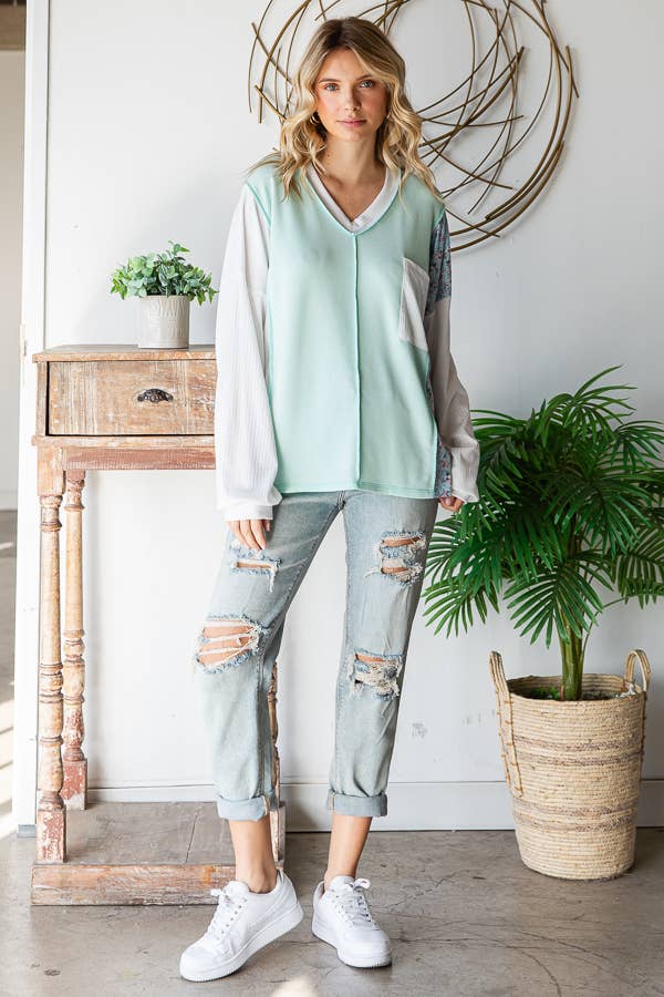 Beth Boho Floral Patch Long Sleeve Top: Mint