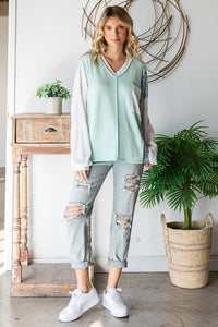 Beth Boho Floral Patch Long Sleeve Top: Mint