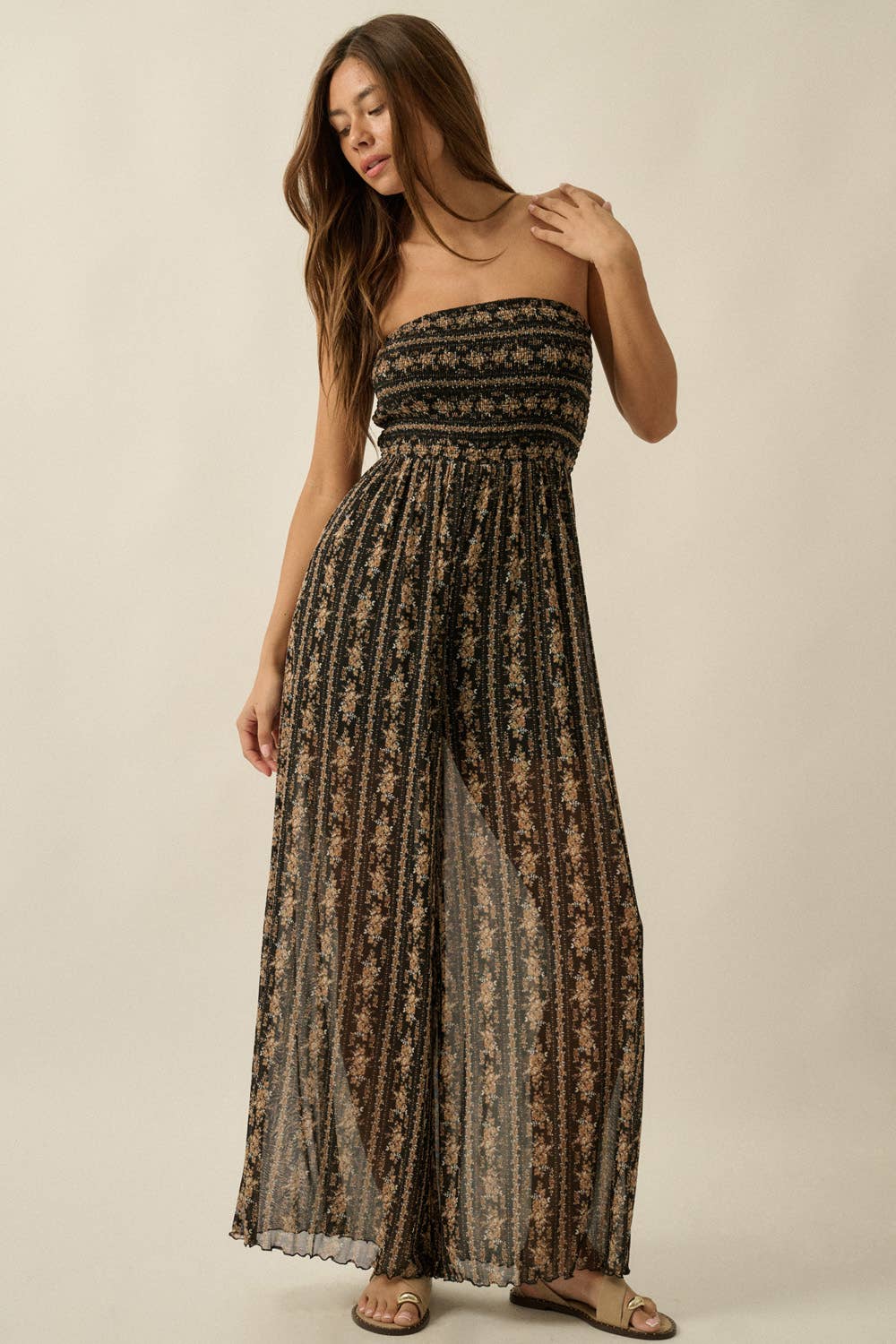The Wildflower Mesh Jumpsuit: Black/Multi – Strapless Floral Wide Leg Statement Jumpsuit