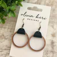 Cherry Wood & Leather Hoop Earrings – Lightweight Statement Earrings with Antique Bronze Hooks