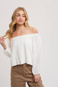 Mikey Linen Off the Shoulder Balloo Hem Top: Ivory