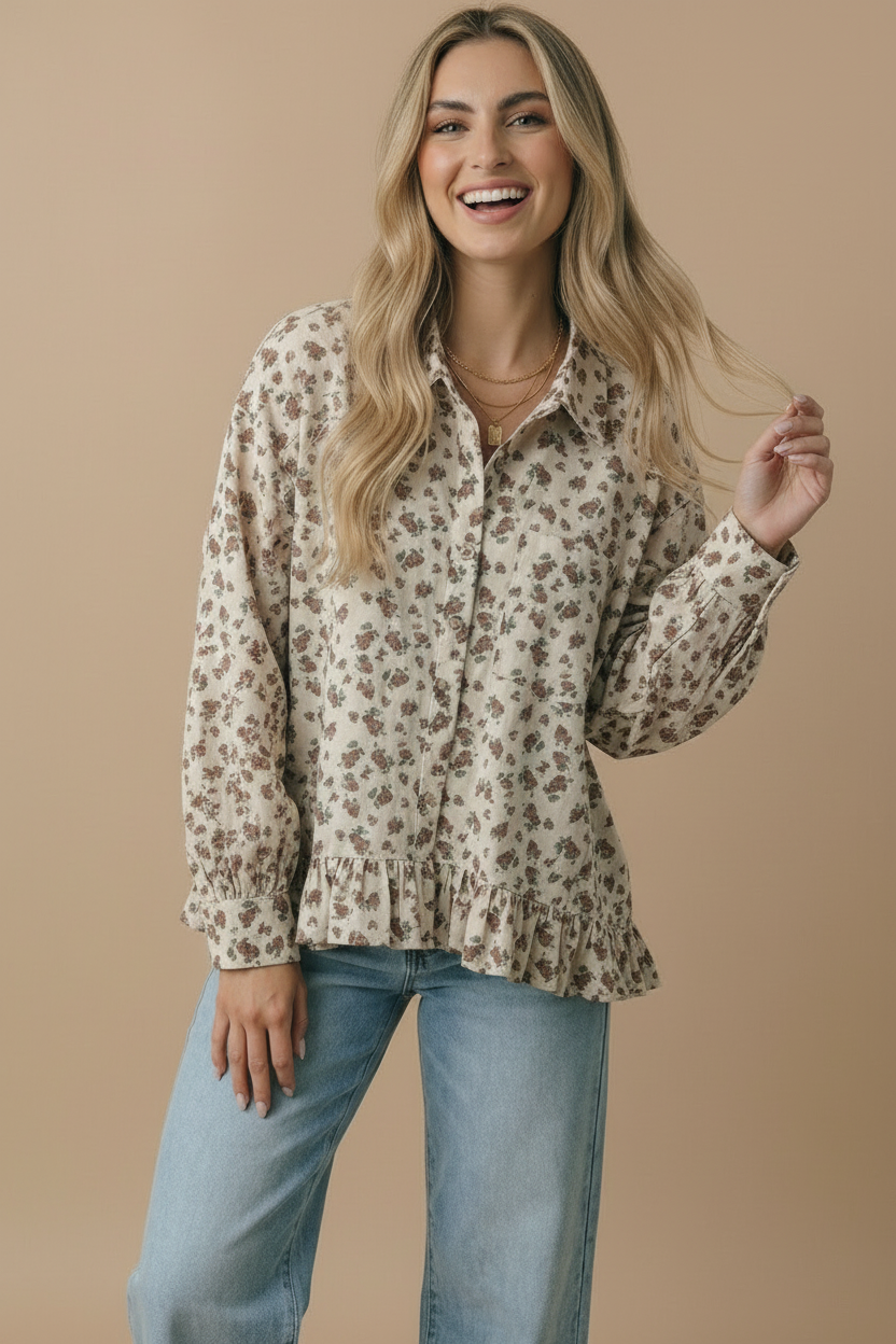 The Wren Floral Peplum Button-Up Blouse: Oatmeal
